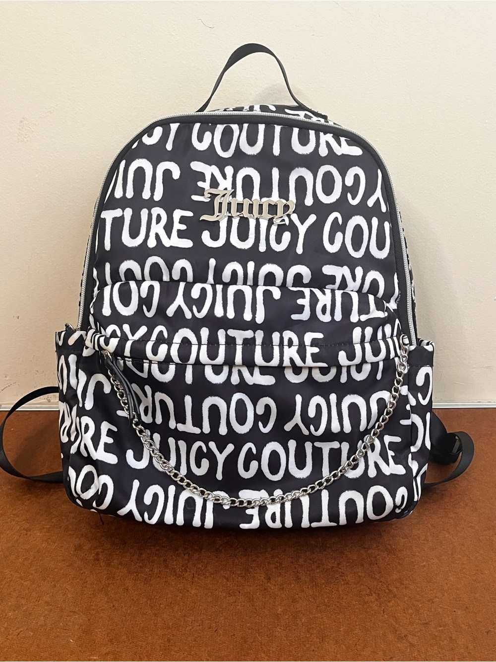 Juicy Couture Gothic Black and White Logo Print Backpack with Silver Chain
